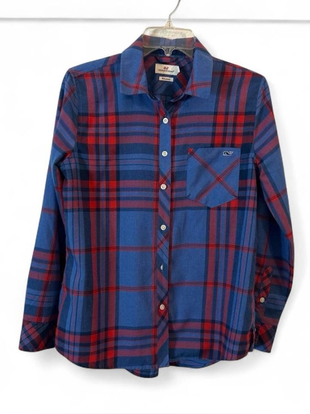 Vineyard Vines Women’s Navy Blue and Red Plaid Button-Down Shirt